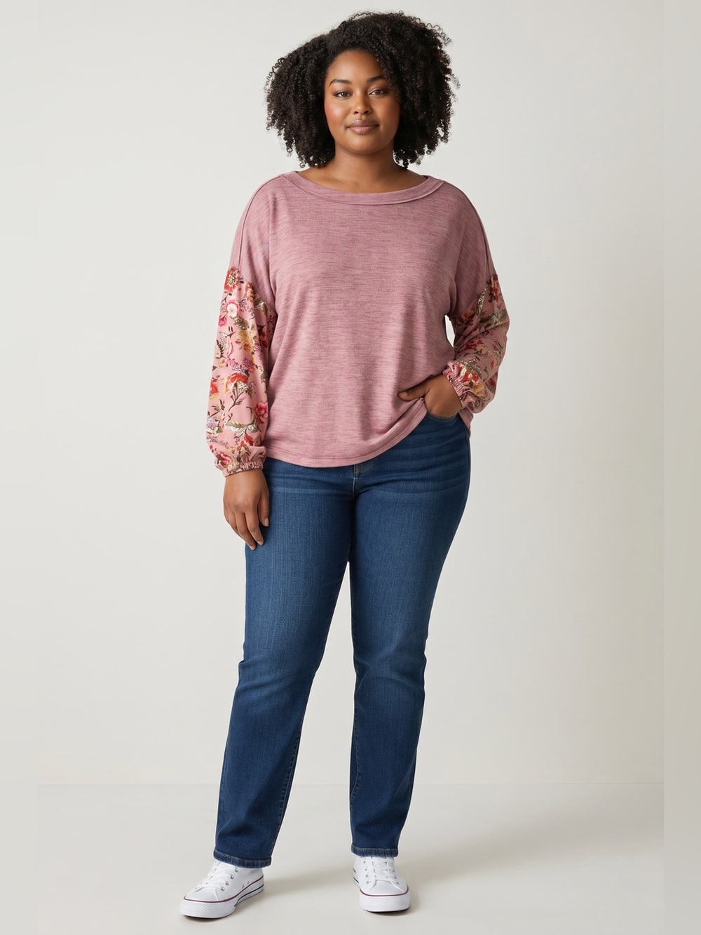 Wonderly Floral Sleeve Top // Mauve // 1X
